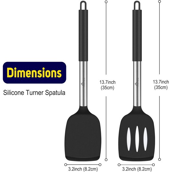 Silicone Spatula Set of 2 Heat-Resistant 600°F & BPA-Free Kitchen SaptulaTurner with Stainless Steel Handles, Slotted & Solid Spatulas for Nonstick Cookware, 13.7 Inch, Black