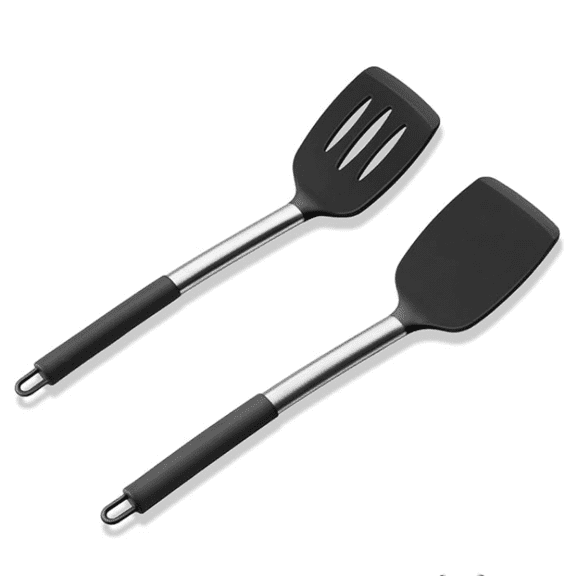 Silicone Spatula Set of 2, Solid & Slotted Turner for Nonstick Cookware, Heat Resistant Rubber Kitchen Cooking Utensils for Flipping Fish Pancake Egg - Black