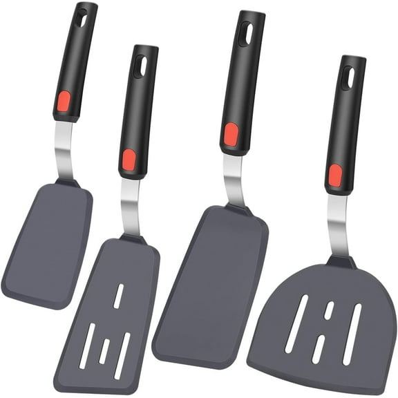 Silicone Spatula Set 4 Pieces Heat Resistant Flexible Rubber Nonstick Cookware Burger Pancake Turner Black