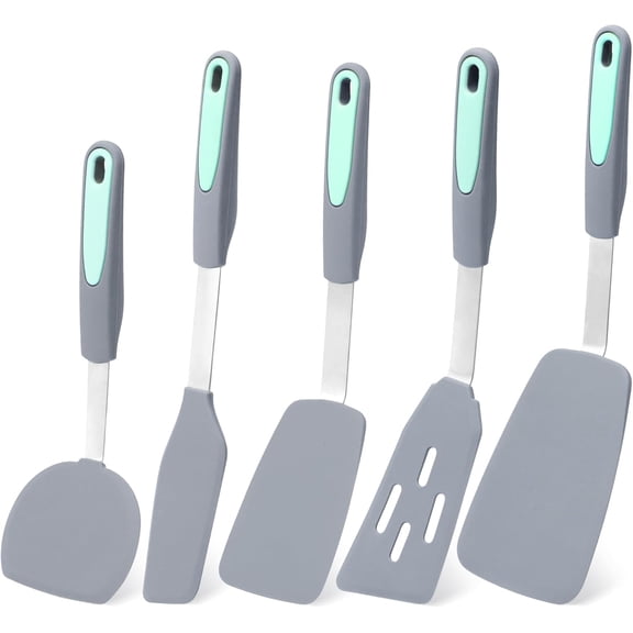 Silicone Spatula Set 5 Pieces Heat Resistant Non Stick Turner Utensils for Cooking Frying Pancake Light Grey