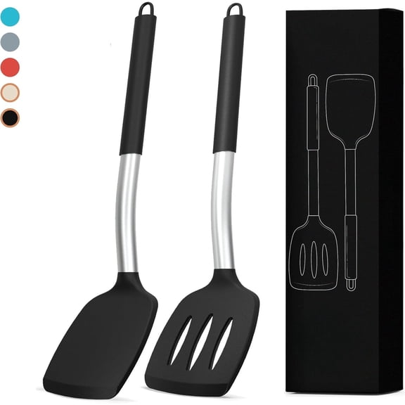 Silicone Spatula Set - Heat Resistant Spatulas for Cooking - Ergonomic Stainless Steel Cooking Utensils - Solid & Slotted Silicone Turners - Pack of 2, Black