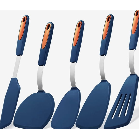 Silicone Spatula Set, Navy Blue 5 Piece Kitchen Turner with Stainless Handles for Cooking