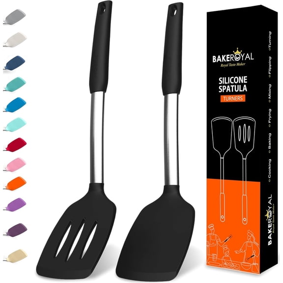 Silicone Spatula Set - Turner Spatulas Silicone Heat Resistant 600F - Slotted & Solid Spatula for Cooking Fish, Eggs, Pancakes Flipper  Spatulas for kitchen use  Black