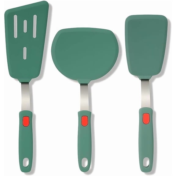 Silicone Spatula Turner Set 3 Pack Heat Resistant 430 Stainless Steel Core BPA Free Cooking Baking Dark Green