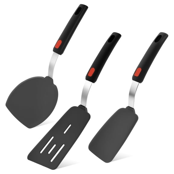Silicone Spatula Turner Set 3 Pcs Ergonomic Heat Resistant Rubber Cooking Utensils Non Stick Kitchen Shovel Kit (black:3pcsset )