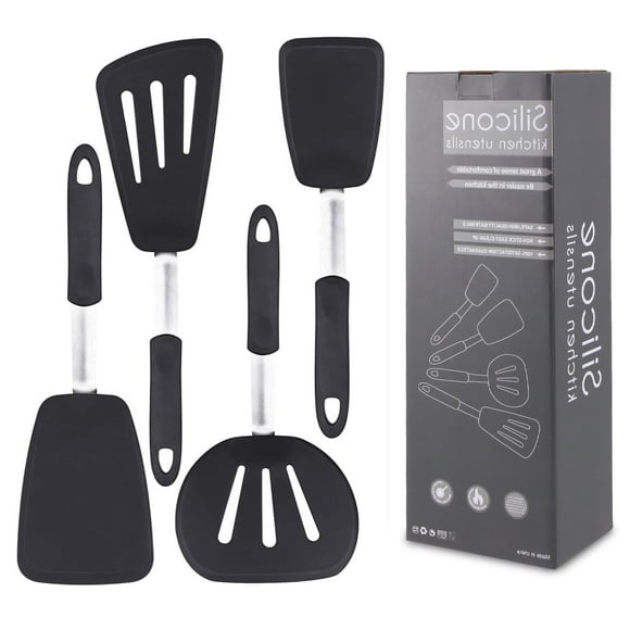 Silicone Spatula Turner Set of 4, 600F Heat Resistant Cooking Spatulas for Nonstick Cookware, Large Flexible Kitchen Utensils BPA Free Rubber Spatula Set for Egg, Pancake, Fish, Burger