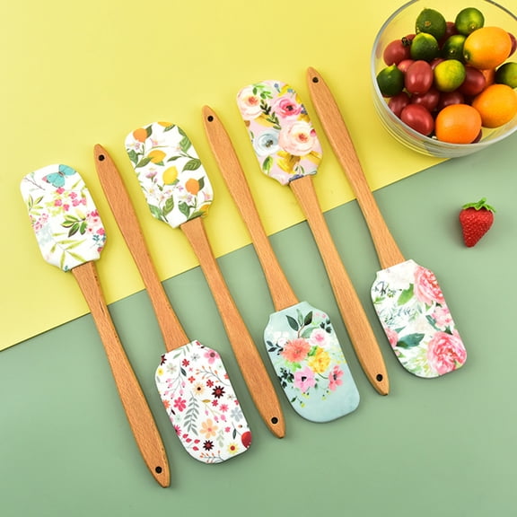 Silicone Spatula for Cooking, Heat Resistant Floral Pattern Silicone Spatulas with Wood Handle, Nonstick Scraper for Baking Mixing