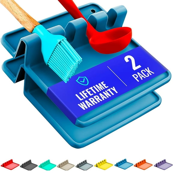 Silicone Spoon Rest for Stove Top with Drip Pad (Two Pack) - Heat Resistant BPA Free Utensil Rest & Spoon Holder for Kitchen Counter - Grill Utensil Holder - Spatula Holder, Tongs, Ladle - Light Blue