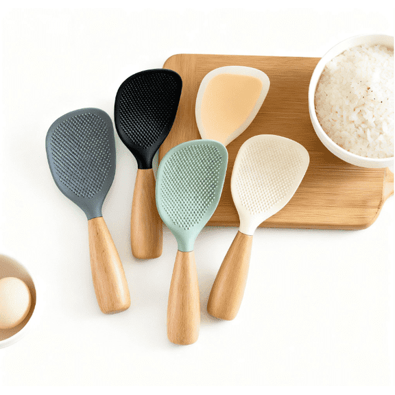 Silicone Spoon with Wooden Handle, Heat Insulation Heat Resistant Spoon for Rice Cooker Non-Stick Cookware, Practical Kitchen Tool for Home Restaurant, Wooden Cooking Utensil