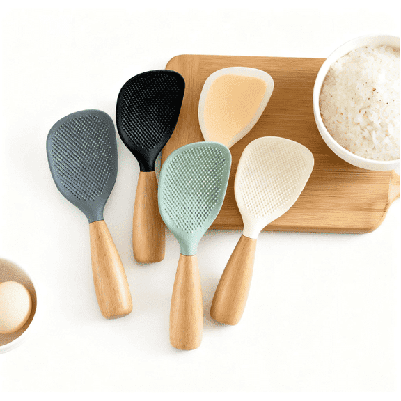 Silicone Spoon with Wooden Handle, Heat Insulation Heat Resistant Spoon for Rice Cooker Non-Stick Cookware, Practical Kitchen Tool for Home Restaurant, Wooden Cooking Utensil