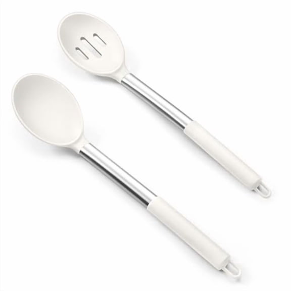 Silicone Spoons,2 Pcs Large Nonstick Kitchen Spoons,Heatproof Solid and Slotted Spoons for Cooking Mixing Serving Stirring,Healthy & Dishwasher Safe,White