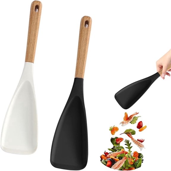 Silicone Spoons for Cooking Rice Scooper for Nonstick Cookwares Large Flat Cooking Spoon Wood Handle Serving Spoon for Mixing Scoop Stiring Basting