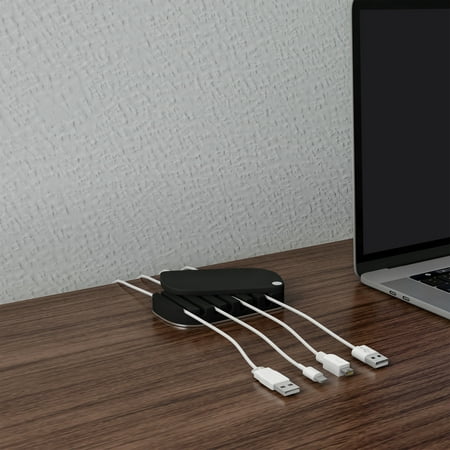 Silicone Stainless Steel Simple Cord Cable Management Desk Organizer with 7 Slots for Cords (Black)