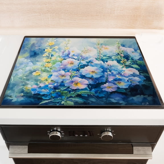 Silicone Stove Mat for Glass Top Stove, Blue And Lavender Flowers In Watercolor Electric Stove Cover Mat, 28 x 20 Inch Heat - Resistant Gas Gtove Burner Covers Glass Stove Top Protector