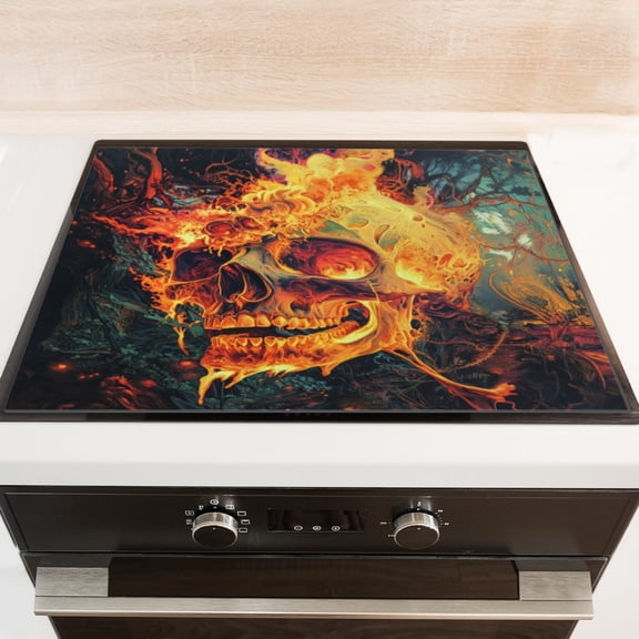 Silicone Stove Mat for Glass Top Stove, Exquisite Flame - Wrapped Skull Electric Stove Cover Mat, 28 x 20 Inch Heat - Resistant Gas Gtove Burner Covers Glass Stove Top Protector