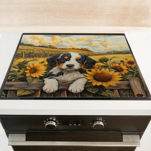 Silicone Stove Mat for Glass Top Stove, Little Puppy Perched On Wooden Fence Electric Stove Cover Mat, 28 x 20 Inch Heat - Resistant Gas Gtove Burner Covers Glass Stove Top Protector
