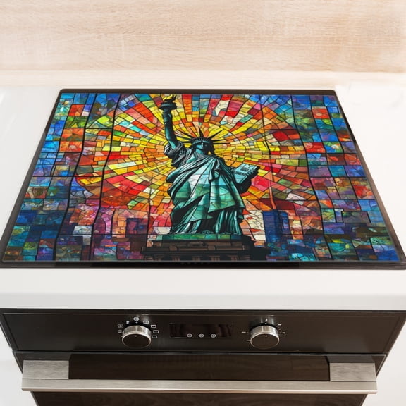 Silicone Stove Mat for Glass Top Stove, Statue Of Liberty In Stained Glass Style Holds Torch Electric Stove Cover Mat, 28 x 20 Inch Heat - Resistant Gas Gtove Burner Covers Glass Stove Top Protector