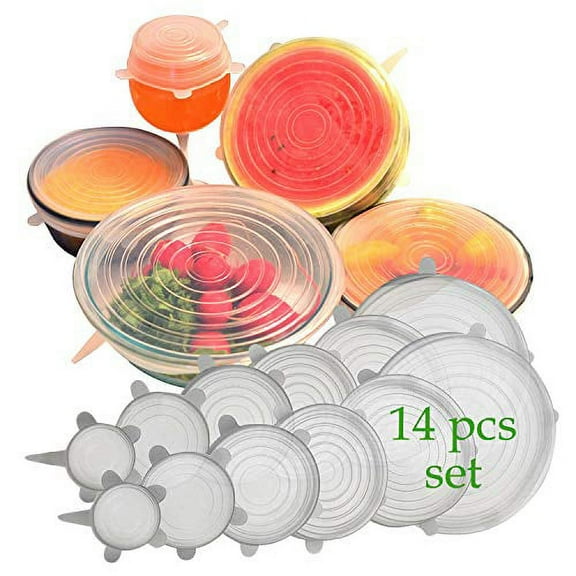 Silicone Stretch Lids and Reusable Bowl Covers - 14 pc Set of Various Stretchy Sizes - Stretchable to Cover Many Shapes of Food-Savers - FDA Standard