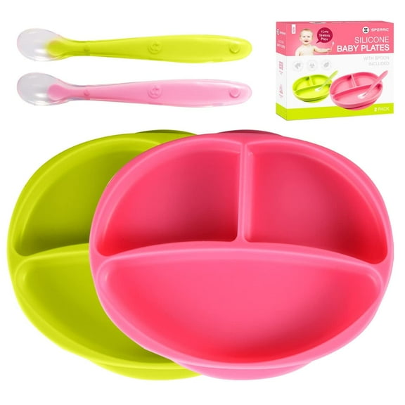 Silicone Suction Plate for Baby - 100% Food Grade Silicone Divided Plate | Toddler Self Feeding Training Suction Plate Set | BPA-Free, Microwave Dishwasher Safe Stay Put Plates (Green & Pink)
