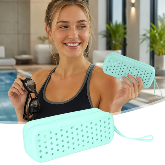 Silicone Swim Goggle Case Breathable Perforated Eyewear Protective Pouch With Hand Strap For Swimming Diving Beach Travel Sports Glasses(Mint Green-20Cm)