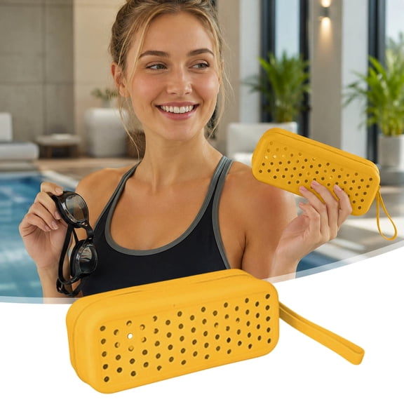 Silicone Swim Goggle Case Breathable Perforated Eyewear Protective Pouch With Hand Strap For Swimming Diving Beach Travel Sports Glasses(Orange-20Cm)