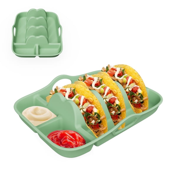 Silicone Taco Plates Holder, Reusable Taco Plates with Dividers & Dip Bowls, Holds 3 Tacos Stand | Microwave & Dishwasher Safe, Heavy Duty Non-slip Taco Tray Stands for Hard/Soft Shells, 1 Pcs