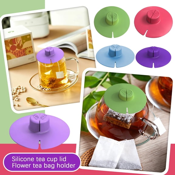 Silicone Tea Accessory Set, Tea Bag Holder, Universal Lid, Tea Holder for Ceramic Mugs and Teacups, 2 Pack Light Blue 4.5 Inch Diameter Butterfly Embossed Tea Strainer Squeezer,