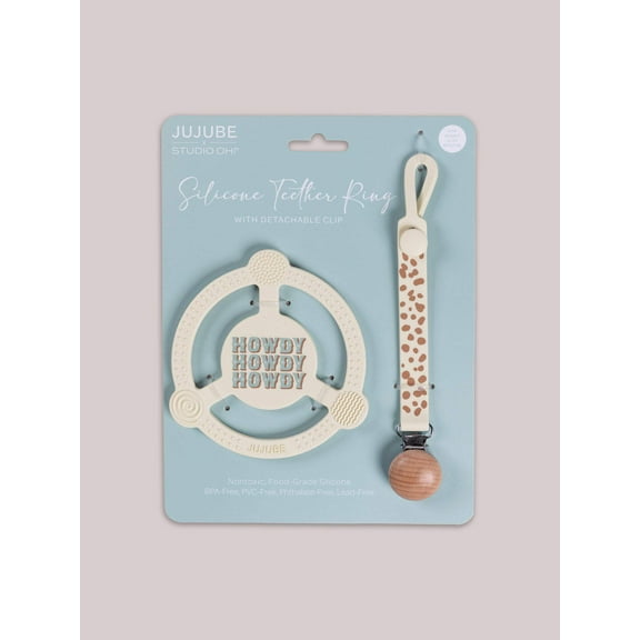 JuJuBe x Studio Oh! Silicone Teether Ring & Detachable Clip - Howdy Partner Blue by Caroline Alfreds
