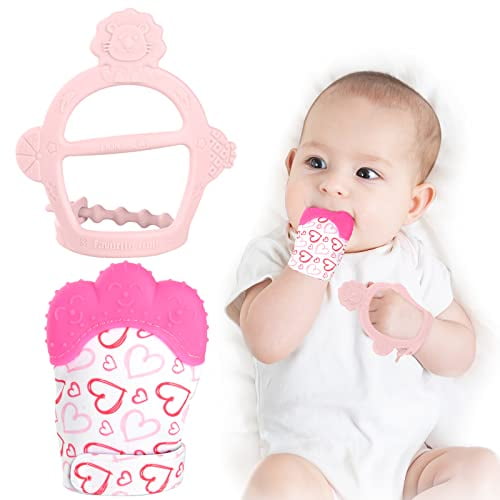 Silicone Teething Mitt,2Pcs Teething Mitten with Adjustable Strap,Crinkle Sound and Textured,Self Soothing Baby Chew Toys for 0-6month Infant