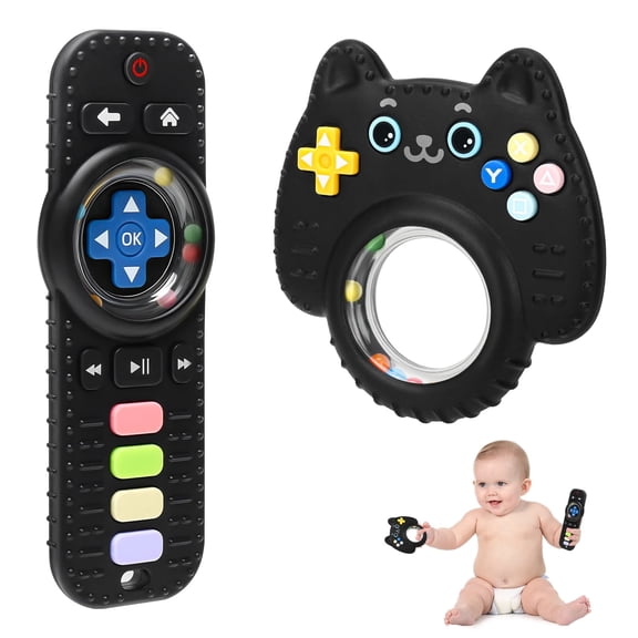 Silicone Teething Ring Toy for Baby 3-12 Months, Remote Control Shape Rattle Teether for Sensory Play, BPA Free Chew Toy for Infant 0-6 6-12 Months