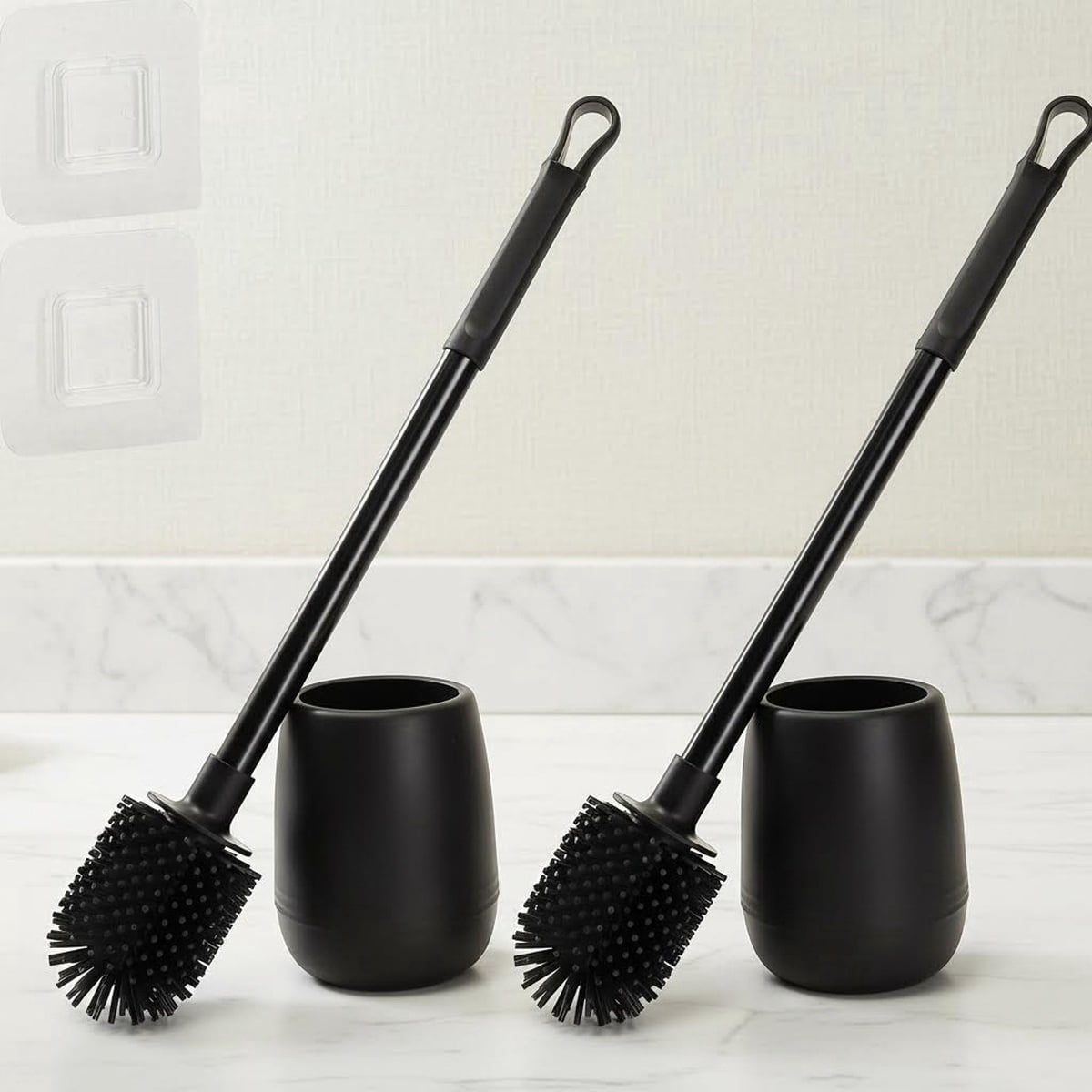 Silicone Toilet Bowl Brush and Holder 2 Pack Long Handle Flexible Brush Set for Deep Cleaning Under Rims (Black)