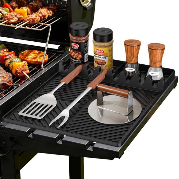 Silicone Tools Mat for Griddle Kitchen Cooking Baking Countertop-Side Shelf Spatula Mat with Drip Pad for Blackstone Weber Traeger Pit Boss Flat Top Grill Smoker- BBQ Accessories Gifts for Men(Black)