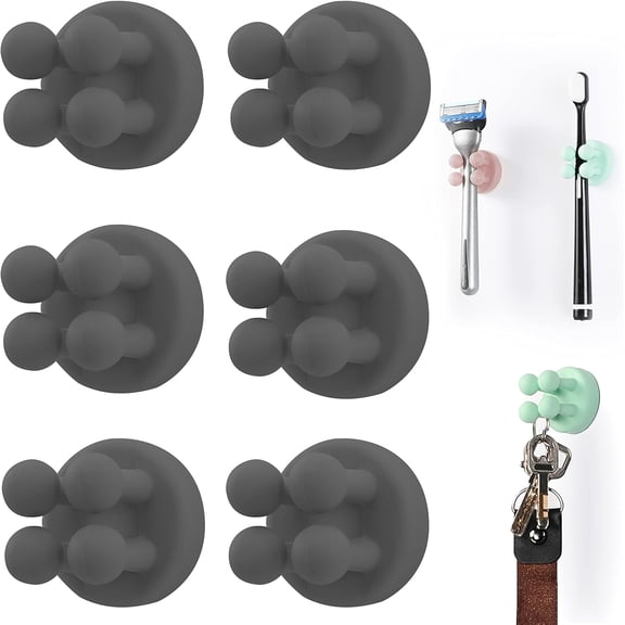 Silicone Toothbrush Holder 6 Pack Multifunctional Hook Razor Holder Waterproof Self-adhesive Wall Mounted Single Hook Black