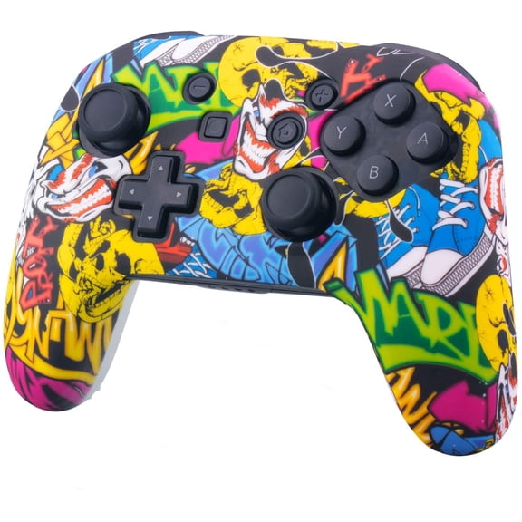 Silicone Transfer Print Cover Skin Case for Nitendo Official Switch Pro Controller x 1(Spashing Paint) with Pro Thumb Grips x 2-Bird