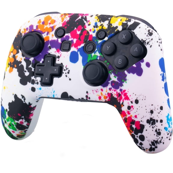 Silicone Transfer Print Cover Skin Case for Nitendo Official Switch Pro Controller x 1(Spashing Paint) with Pro Thumb Grips x 2-Stars
