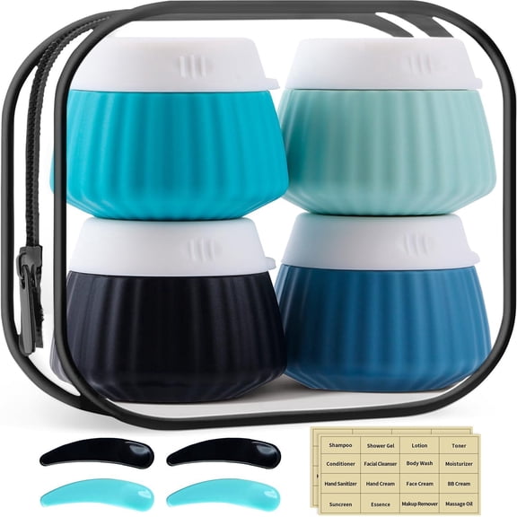 Silicone Travel Cream Jars Set of 4, Leak-Proof Refillable Cosmetic Containers for Lotions and Toiletries, TSA Approved Food-Grade BPA-Free Storage Bottles, Travel Essentials for Skincare