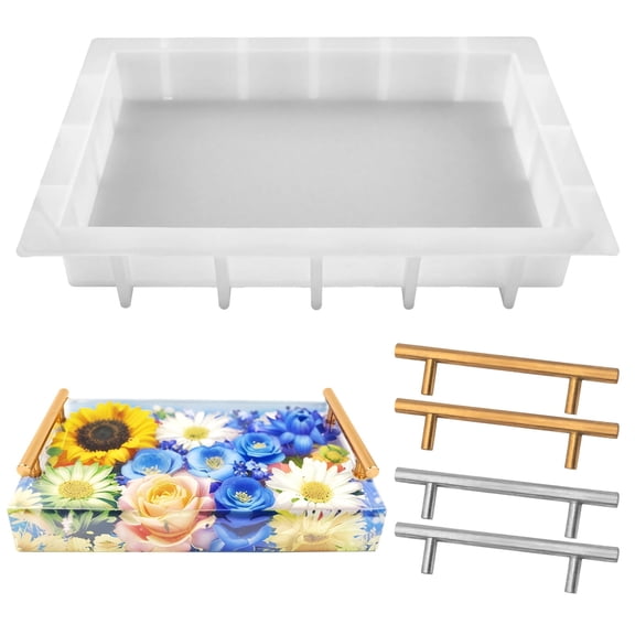Silicone Tray Molds for Epoxy Resin, Extra Large Resin Molds Silicone with 2 Gold and 2 Silver 6 in Handles, Silicone Resin Tray Molds with Reinforced Bottom, Rounded Corners, Easy Demolding