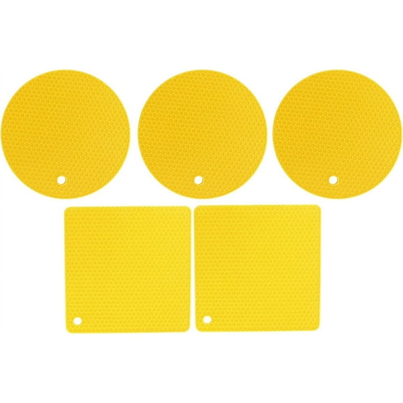 Silicone Trivet Mat, 5Pcs Multipurpose Pot Holder Square Round Honeycomb Hot Pad Non Slip Heat Resistant for Kitchen Pots Hot Plate Pans (Yellow)