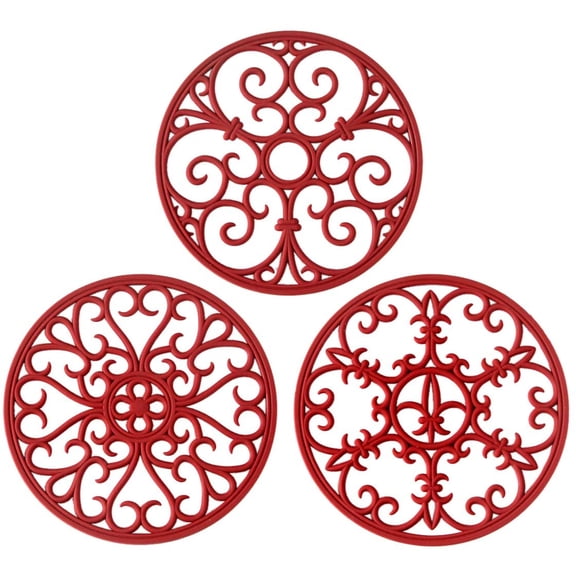 Silicone Trivet Mat - Hot Pot Holder Hot Pads for Table & Countertop - Teapot Trivet Kitchen Trivets - Non-Slip & Heat Resistant Modern Kitchen Hot Pads for Pots & Hot Dish Merlot Red Trivet Set of 3