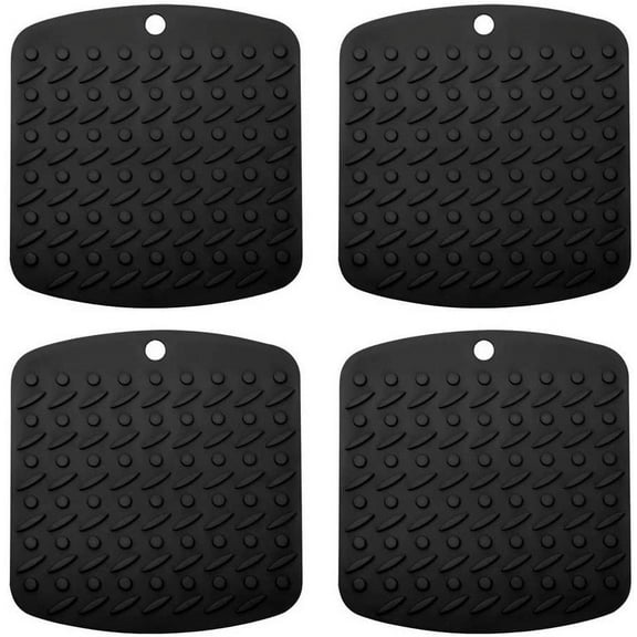 Silicone Trivet Mat Hot Pot Holders Hot Pads for Kitchen Non-Slip Heat Resistant Jar Opener Spoon Rest Garlic Peeler Potholders 4 Pack 7''x7 Black Modern Kitchen Tool