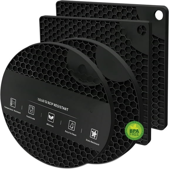 Silicone Trivet Mats - 4 Heat Resistant Pot Holders, Multipurpose Non-Slip Hot Pads for Kitchen Potholders, Hot Dishers, Jar Opener, Spoon Holder, Food Grade Silicone & BPA Free (Black)