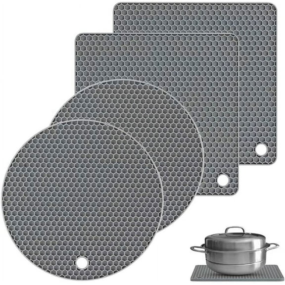Silicone Trivet Mats, 4 Pack 2 Shape(2 Squared+2 Round) Heat Resistant Pot Holders Set, Silicone Table Mats Large Coasters for Kitchen Counter, Tables, Hot Dishes, Hot Pats, Pans(Grey)