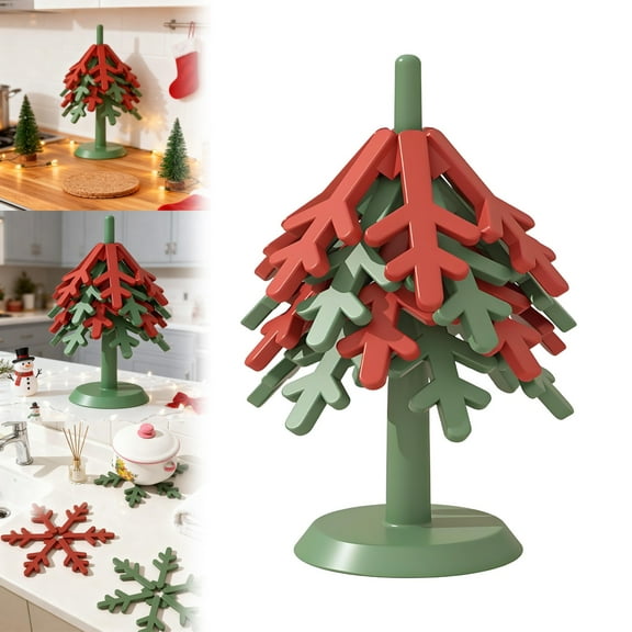 Silicone Trivet Set for Hot Dishes, Christmas Tree Coasters & Hot Pads with Stand, 240°C Heat Resistant Kitchen Essentials for Pots, Pans & Home Decor