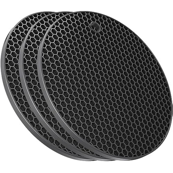 Silicone Trivets for Hot Dishes Pots and Pans, Silicone Trivet Mat Hot Plates to Protect Table, Hot Pads for Kitchen Counter, Pot Holders, Black Trivet Set of 3