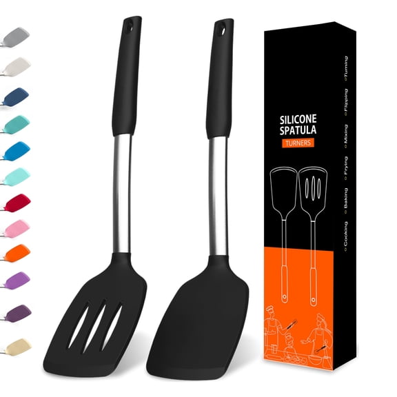 Silicone Turner Spatula Set, 600F Heatproof Kitchen Tools for Nonstick Cookware, Slotted Solid Flipper for Pancakes Fish Eggs, Black