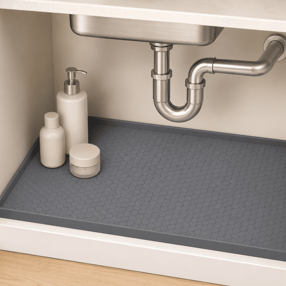 Silicone Under Sink Mat 31*22 in, Waterproof Cabinet Shelf Liner and Leak Protector for Kitchen and Bathroom Cabinets, Gray