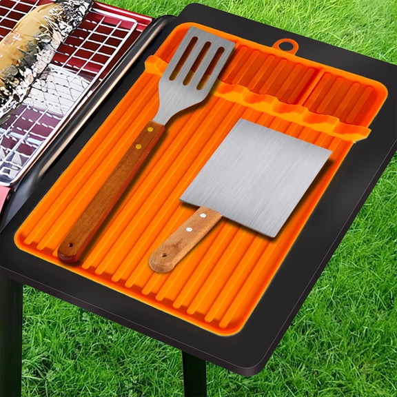 Silicone Utensil Rest Mat with Drip Pad Heat Resistant Kitchen Spatula Holder for Countertops and Grill Utensils