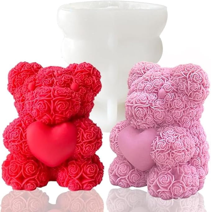 Silicone Valentine's Day Candle Mold Rose Teddy Bear Holding Heart Making Scented Candle Wax Melts Home Decor Candles Resin Casting Handmade Couple Gift DIY Soap Making Wedding Decor