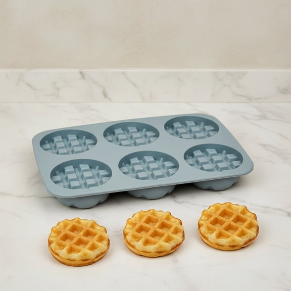 Silicone Waffle Molds Pan, 6-Cavity Round Non-Stick Baking Mold Tray for Muffin Biscuit Chocolate Dessert, Gray