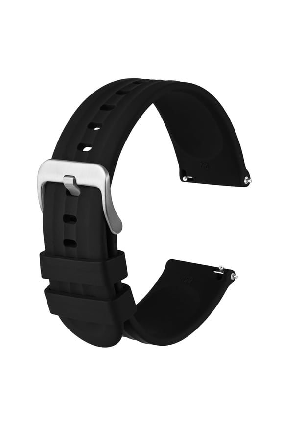 Silicone Watch Straps Quick Release Rubber Replacement Bands for Men Women - Regular Long, Black with Silver Buckle
